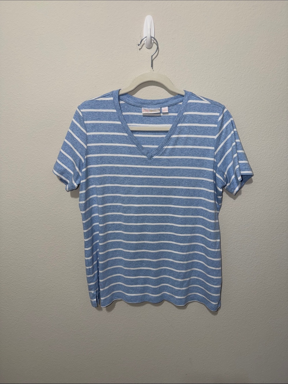 Belle by Kim Gravel Blue and White Striped V‑Neck Tee